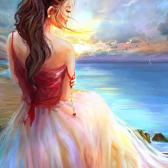 Abstract Art Beautiful Woman Sunset Ocean Large 15x17 Frame Gold Leaf baby pink - Picture 3 of 4